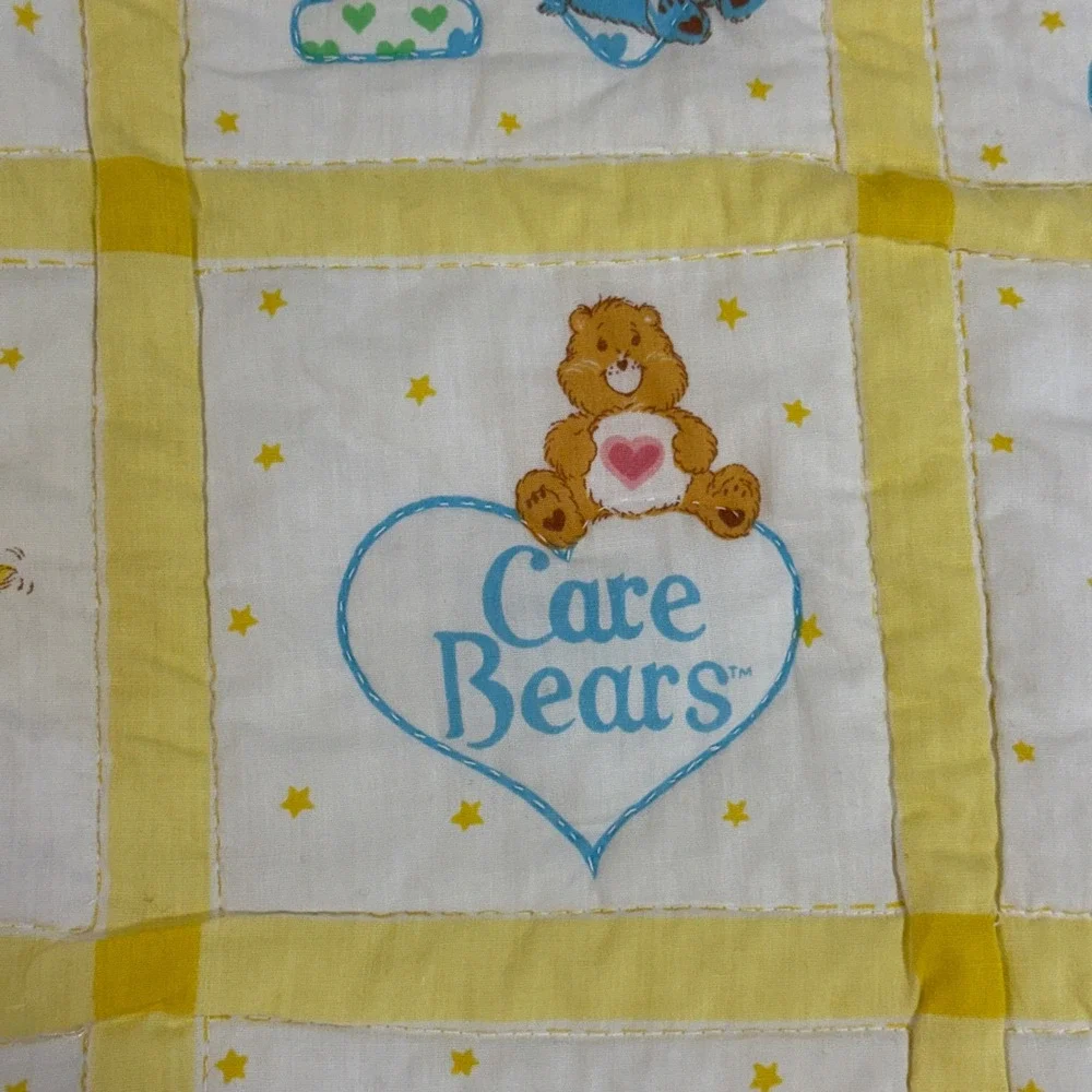 Vintage 80s Care Bears Alphabet Baby Quilt Blanket ABC Nursery Yellow 45x41